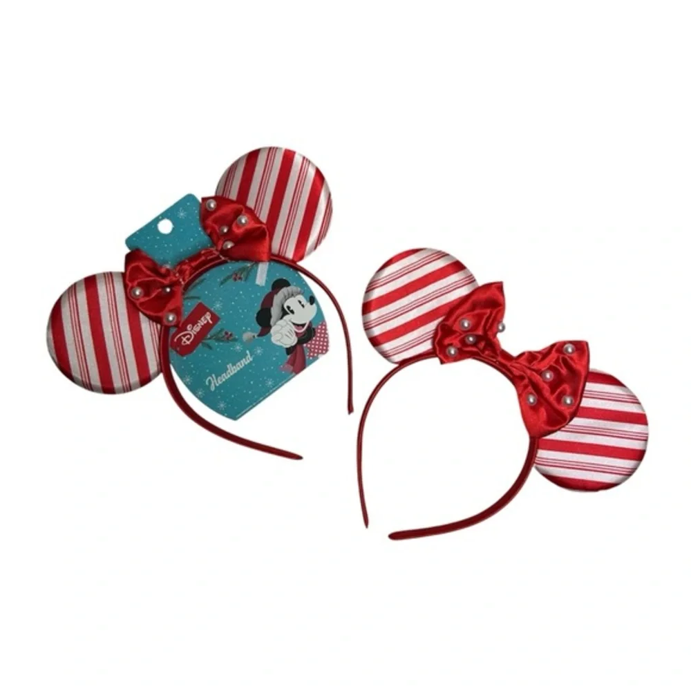 2 Disney Minnie Mouse Holidays Valentines headbands Red White Stripes Bow Pearls